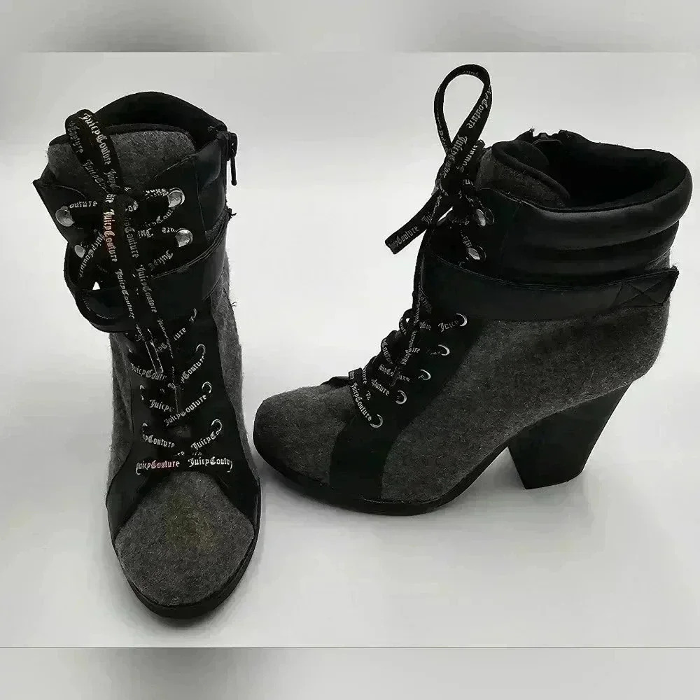 Juicy Couture Womens Size 6.5 Lace Up Grey Wool Heeled Boots - Picture 2 of 7